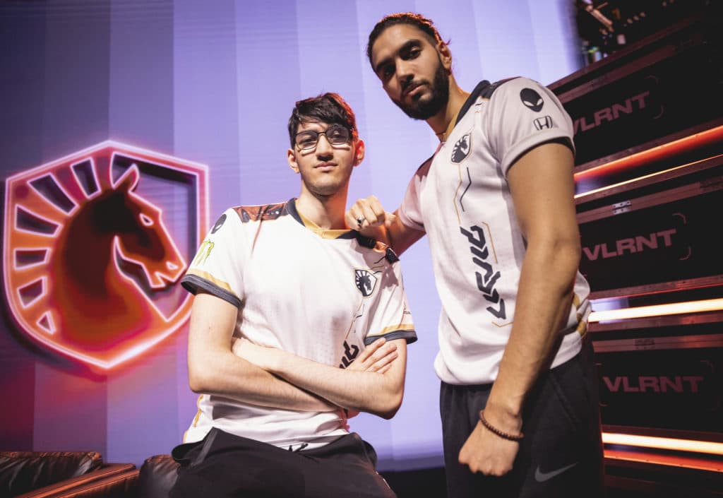 Nabil "Nivera" Benrlitom (L) and Adil "ScreaM" Benrlitom of Team Liquid pose at VALORANT Champions 2022 Istanbul Groups Stage on August 31, 2022 in Istanbul, Turkey. (Photo by Colin Young-Wolff/Riot Games)