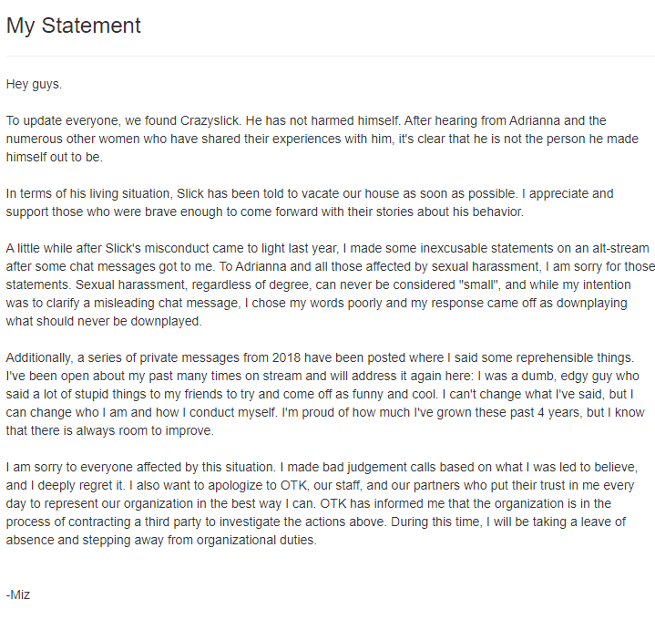 Mizkif's statement