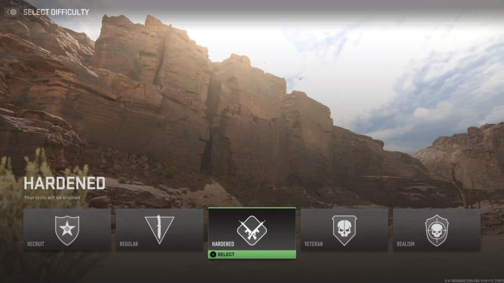 The in-game view of selecting the Hardened difficulty setting. (Screenshot via Esports.gg)