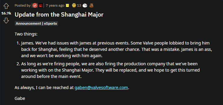 Gabe Newell took to Reddit to explain why Valve dropped James "2gd".<br>Source: <a href="https://www.reddit.com/r/DotA2/comments/47sc46/update_from_the_shanghai_major/" target="_blank" rel="noreferrer noopener nofollow">Reddit</a>