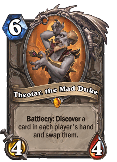 Theotar <br>Old: 5 Mana 3/3<br>New: 6 Mana 4/4<br>Image via Blizzard