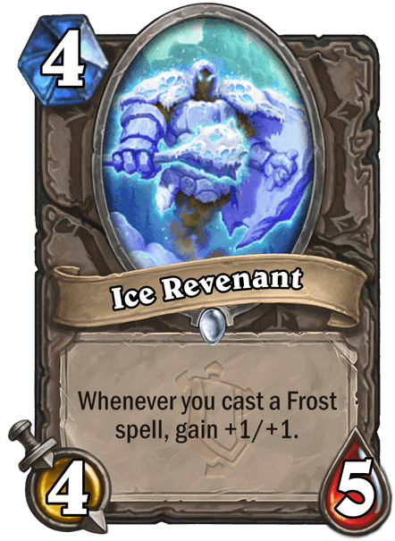 Ice Revenant<br>Old: Whenever you cast a Frost spell, gain +2/+2<br>New: Whenever you cast a Frost spell, gain +1/+1<br>Image via Blizzard