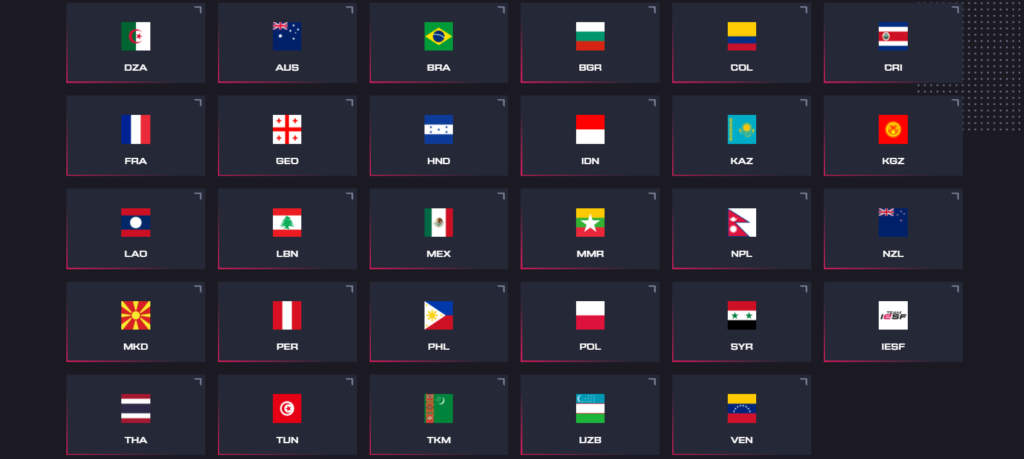 Countries participating in WEC 2022 Dota tournament (Image screengrabbed via <a href="https://wec.iesf.org/dota-2" target="_blank" rel="noreferrer noopener nofollow">IESF</a>)