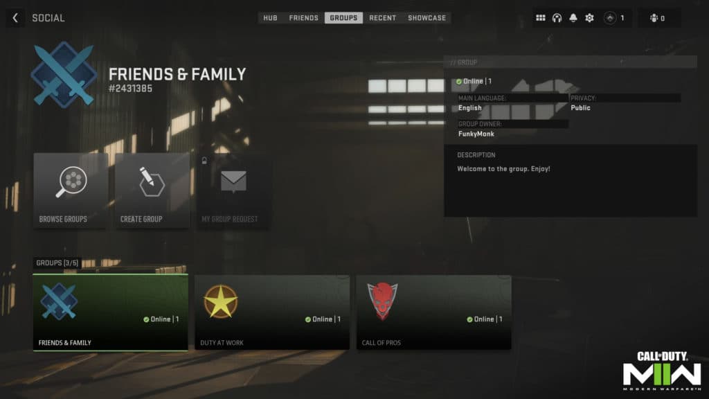 CoD Groups social menu