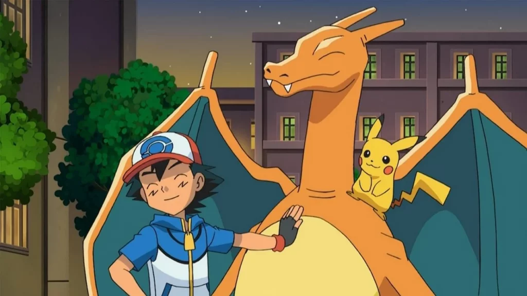 Charizard, Ash and Pikachu via Bulbapedia