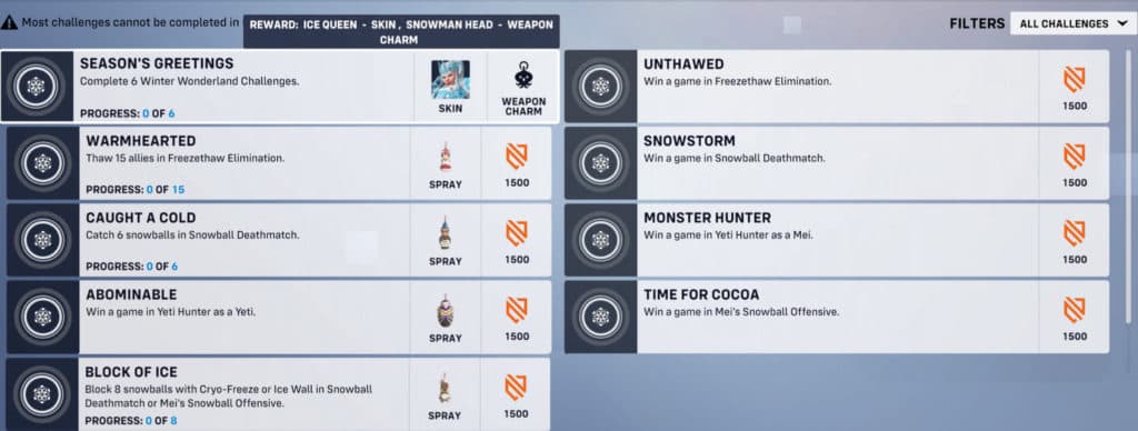 Overwatch 2 Winter Wonderland Challenges. Screenshot via Blizzard Entertainment.