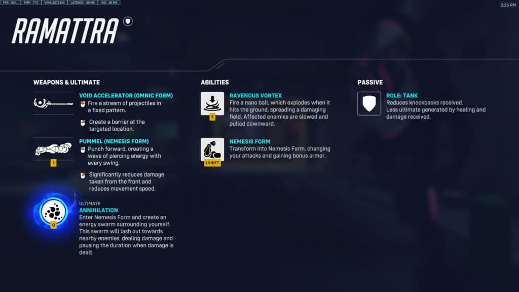 Ramattra's basic kit abilities in Overwatch 2.