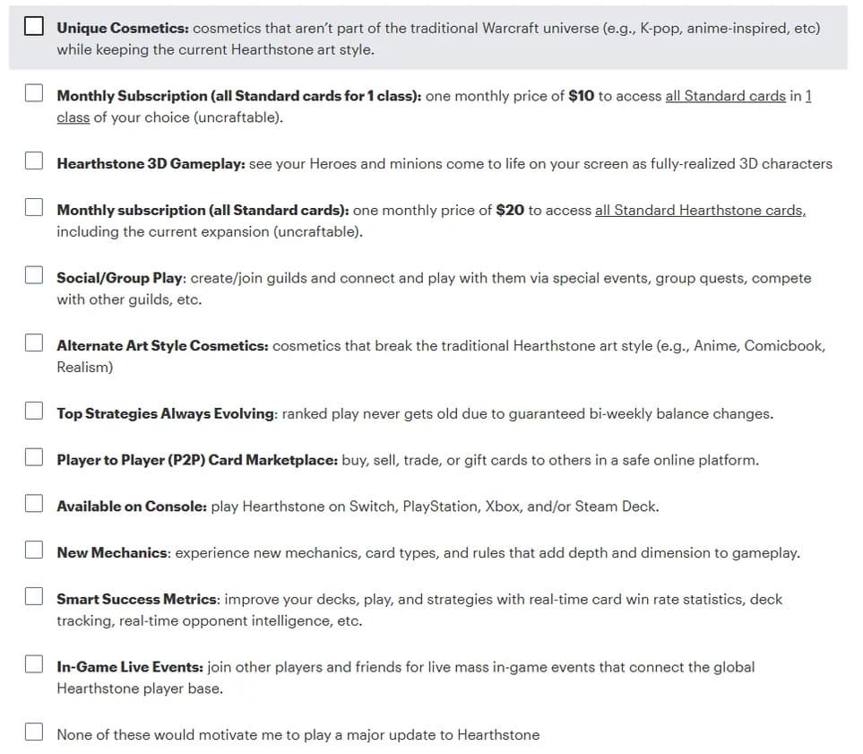 Hearthstone survey screenshot (Image via Reddit)
