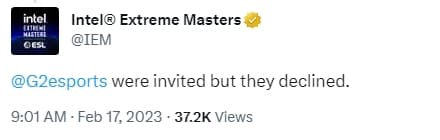 ESL shared on Twitter that G2 Esports  declined an invite.
