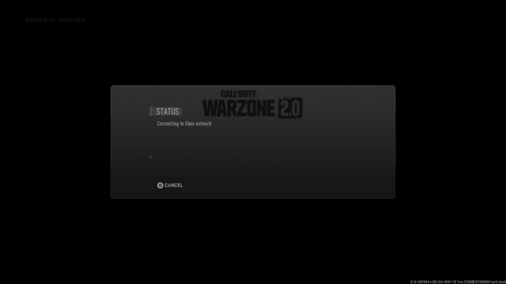 The 'connecting to Xbox network' screen in Call of Duty Warzone 2.0. Photo via u/Kagari