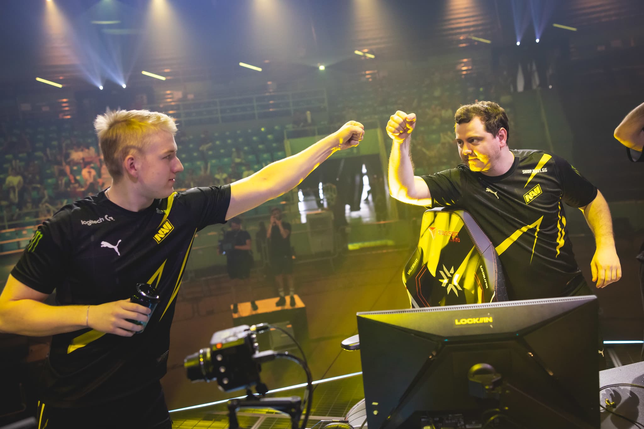 Pontus "Zyppan" Eek (L) and Kyrylo "ANGE1" Karasov of Natus Vincere reacts onstage at the VALORANT Champions Tour 2023: LOCK//IN Groups Stage on February 24, 2023 in Sao Paulo, Brazil. (Photo by Colin Young-Wolff/Riot Games)