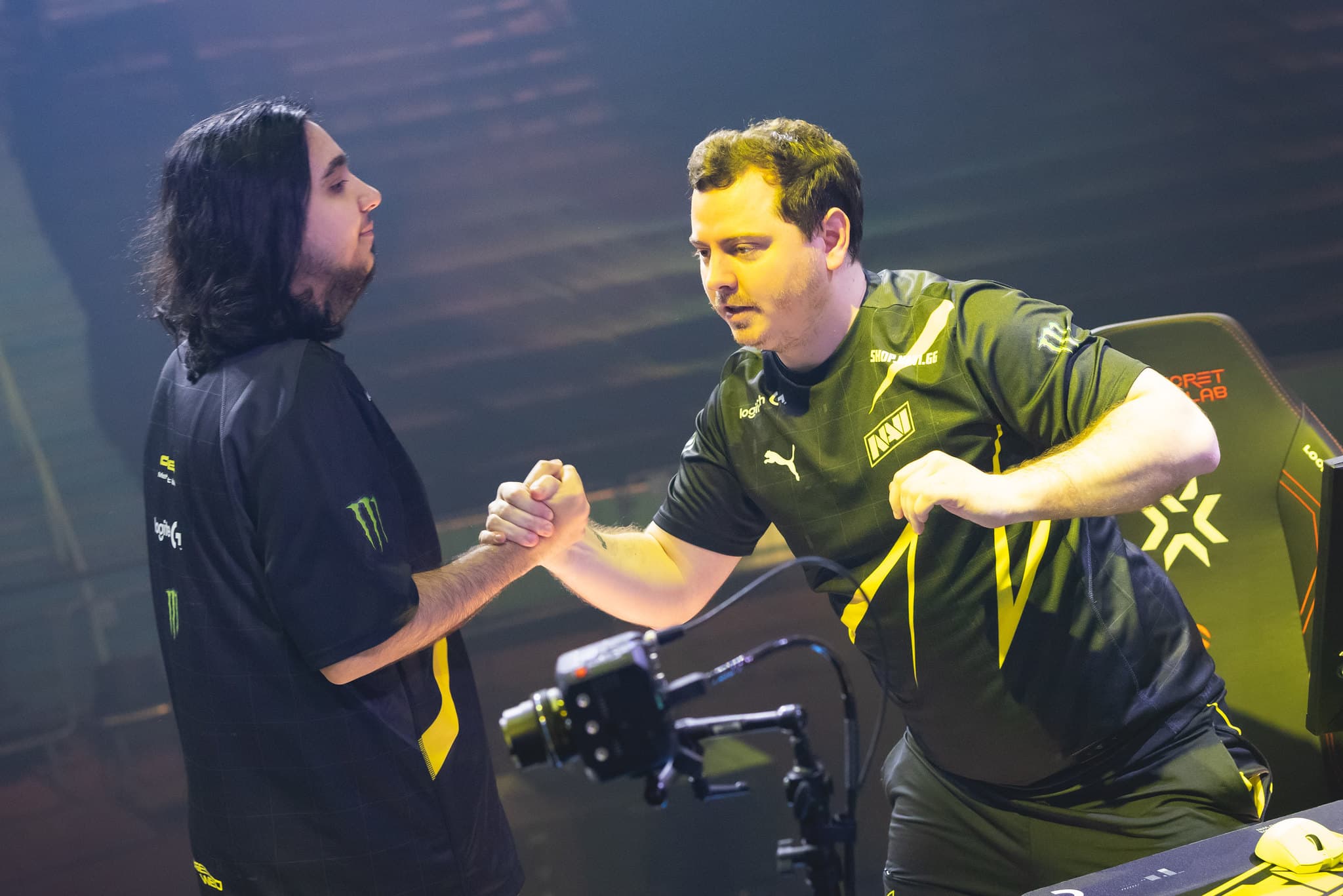 Mehmet "cNed" lpek (L) and Kyrylo "ANGE1" Karasov of Natus Vincere reacts onstage at the VALORANT Champions Tour 2023: LOCK//IN Groups Stage on February 24, 2023 in Sao Paulo, Brazil. (Photo by Colin Young-Wolff/Riot Games)