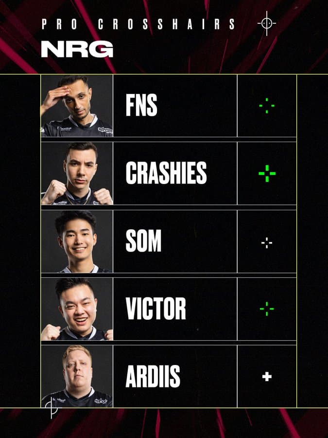 The NRG VALORANT roster crosshairs. Image Credit: VALORANT esports