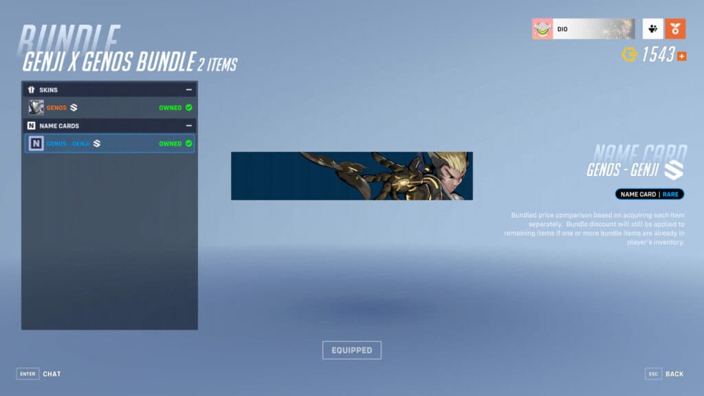 The OPM Genji bundle includes a legendary skin and name card (Image via Blizzard Entertainment)