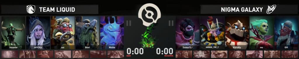 Team Liquid vs Nigma Galaxy draft in Game 1.