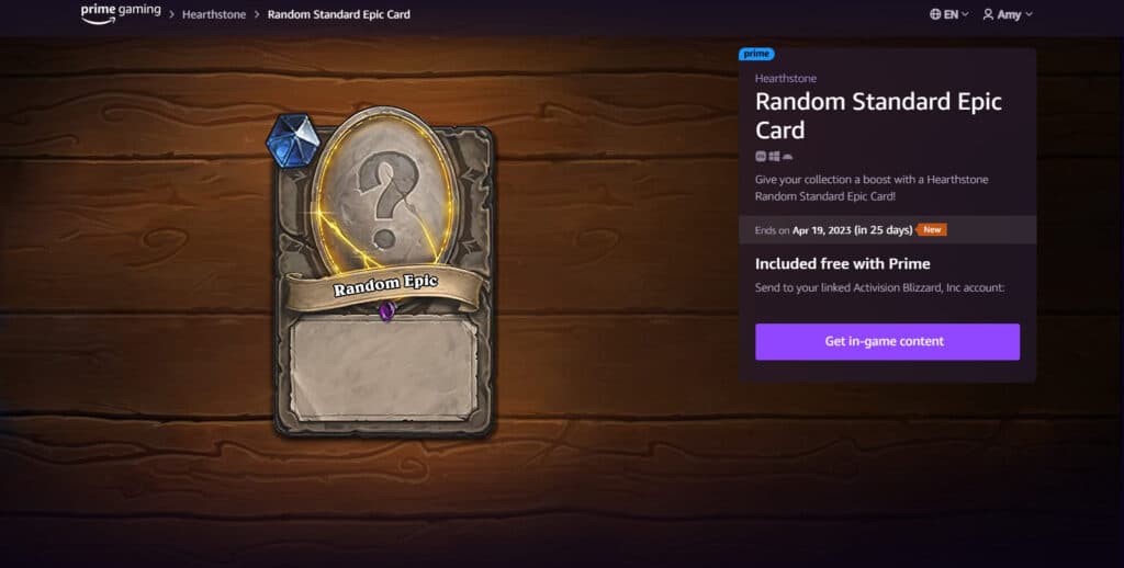 Random Standard Epic Hearthstone card on Prime Gaming (Image via Prime Gaming)
