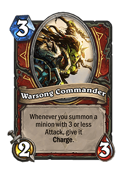 Warsong Commander<br>Old: After you summon another minion, give it Rush.<br><strong>New: Whenever you summon a minion with 3 or less Attack, give it Charge.</strong>