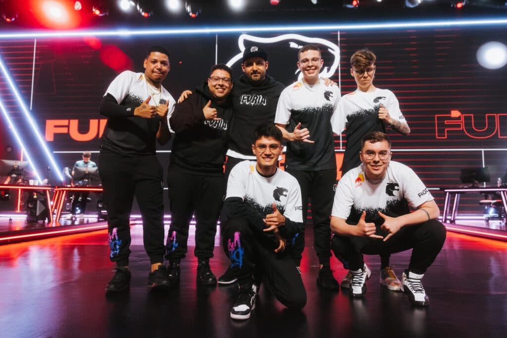 FURIA is all smiles after defeating Leviatán in Week 2 (Photo by Tina Jo/Riot Games)