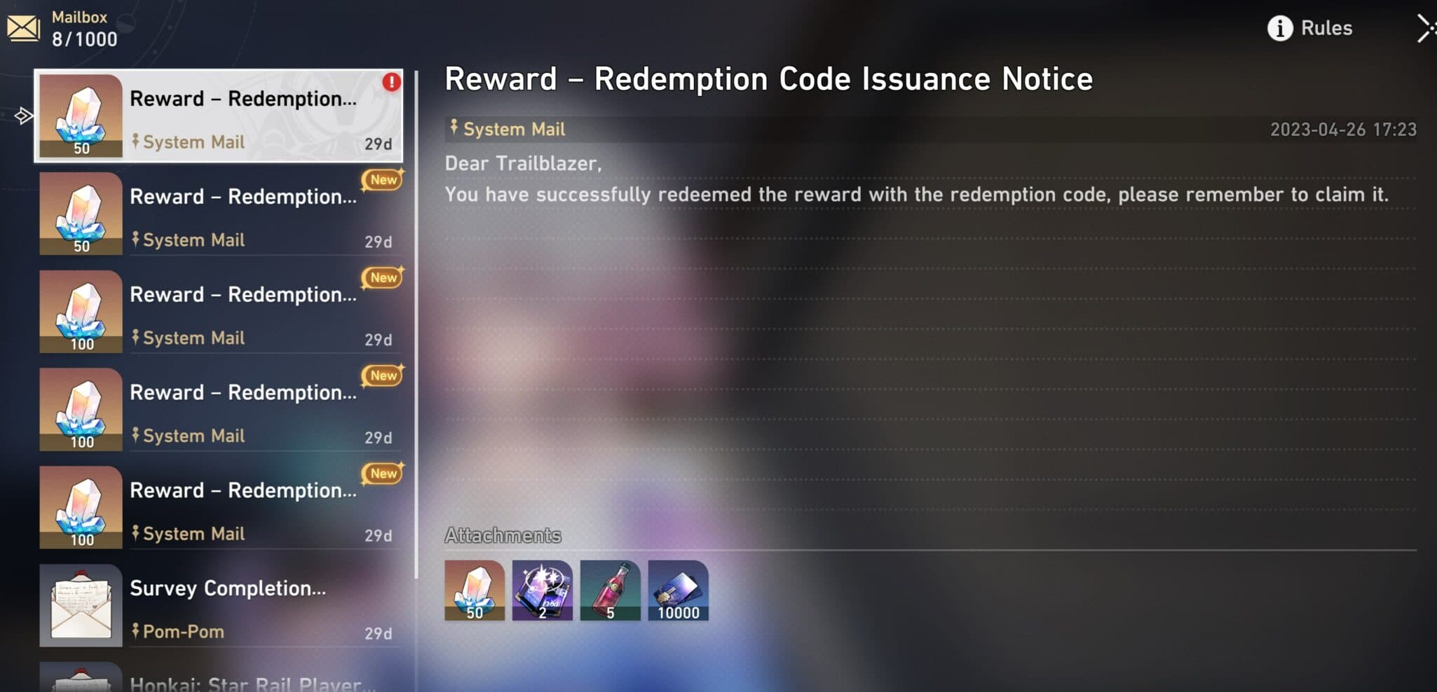 You can view the rewards in your Honkai Star Rail mailbox.