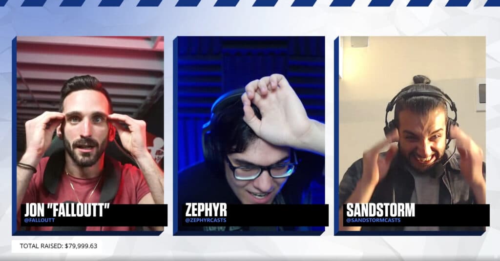 Casters try manifesting more donations (Screenshot via Fallout on Twitch)