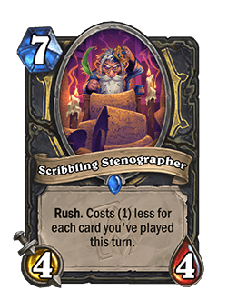 Scribbling Stenographer <br>⦁ Old: [6 Mana] <br>⦁ New: [7 Mana]