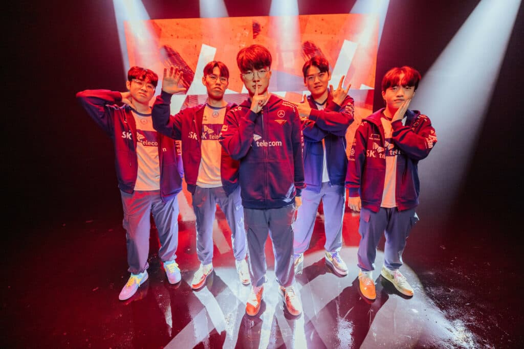 LONDON, ENGLAND - MAY 07: T1 at the League of Legends - Mid-Season Invitational Features Day on May 7, 2023 in London, England. (Photo by Colin Young-Wolff/Riot Games)