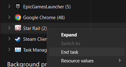 Force shut down Honkai: Star Rail on Task Manager.