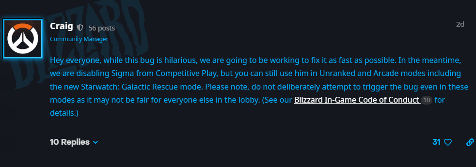 Blizzard's response to the Overwatch 2 Sigma ultimate bug (Image via Blizzard Entertainment)