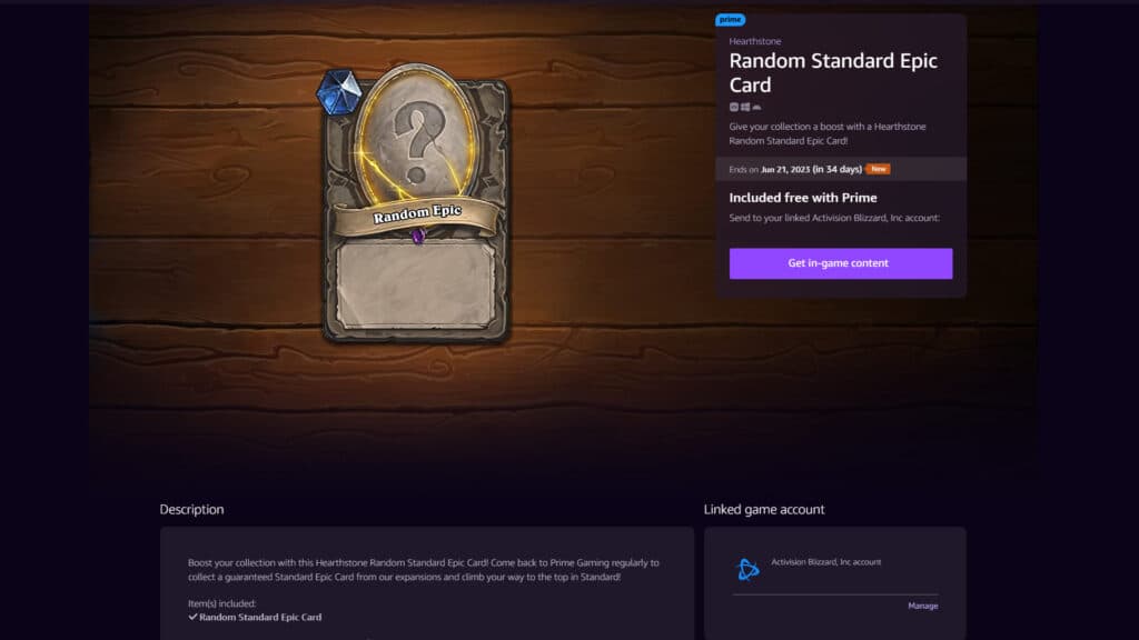 How to get a free epic Hearthstone card (Image via Prime Gaming)