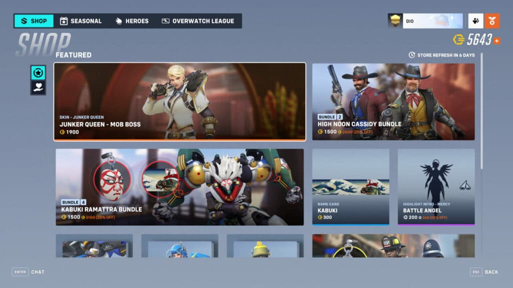 Weekly Overwatch 2 shop rotation (Image via Blizzard Entertainment)
