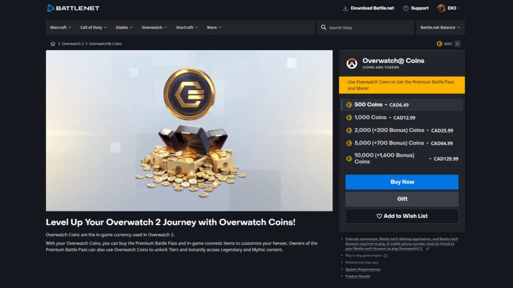 Overwatch coins cost in CAD (Image via Blizzard Entertainment)