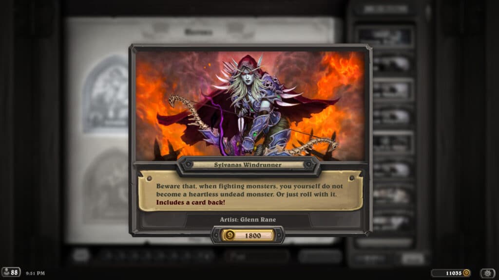 Sylvanas Windrunner portrait in Hearthstone (Image via Blizzard Entertainment)
