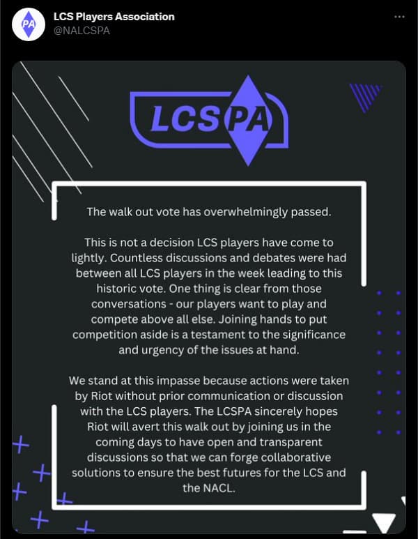 LCS Players Association announced their protest on <a href="https://twitter.com/NALCSPA/status/1663039093557608448" target="_blank" rel="noreferrer noopener nofollow">Twitter</a>.