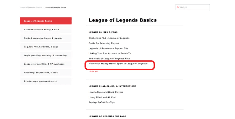 Under the FAQ section, select 'How Much Money Have I Spent in League of Legends?'