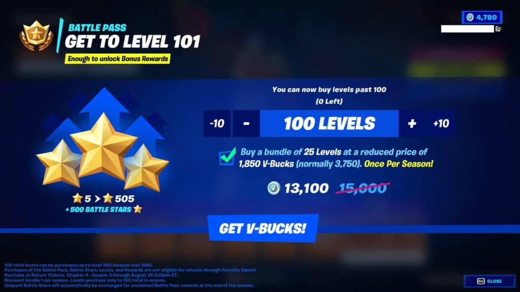 Purchasing Battle Stars (Image Credit: Epic Games)