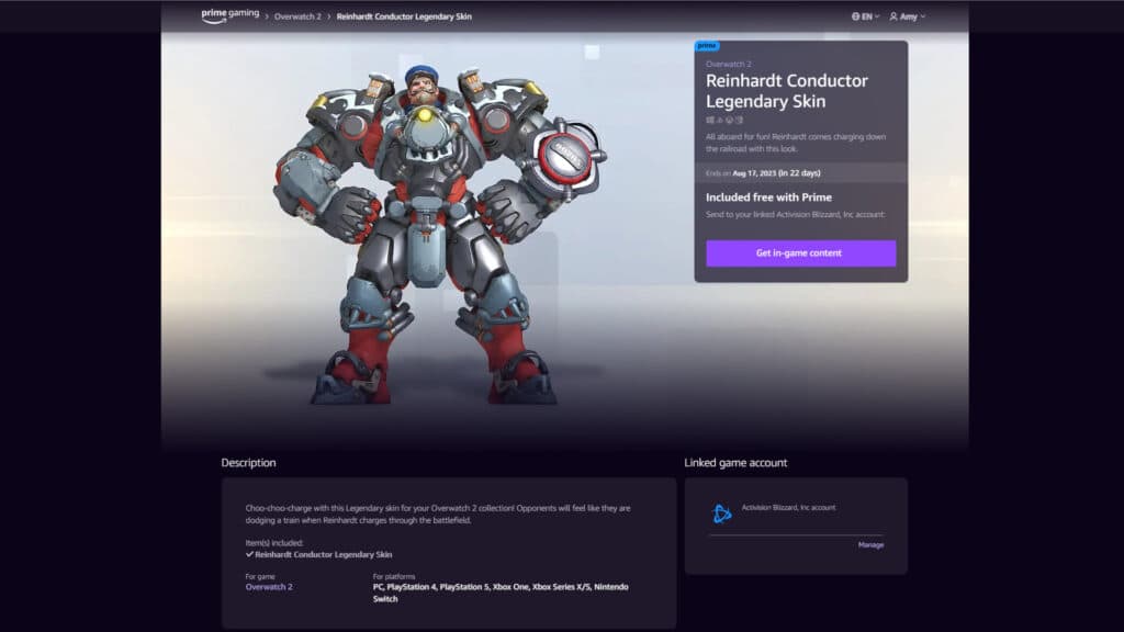 Free Overwatch 2 legendary Conductor Reinhardt skin (Image via Prime Gaming)