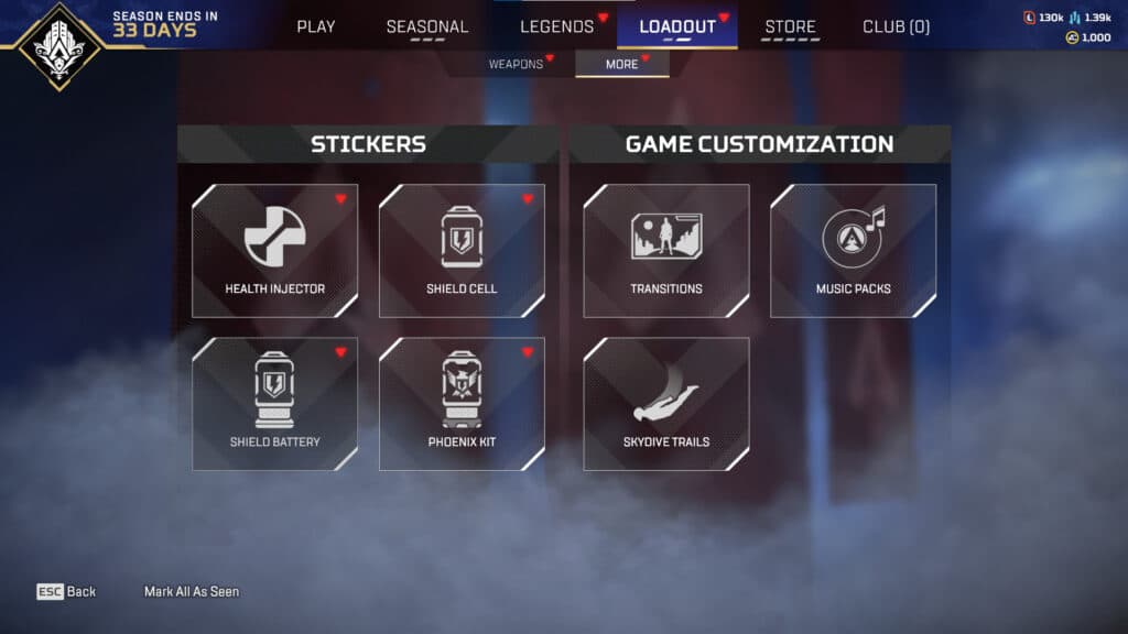 The loadout menu and sticker equip page in Apex Legends (Image via Respawn Entertainment)