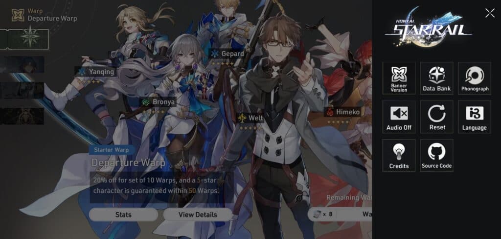 Honkai Star Rail Warp Simulator: Click the mobile phone icon for settings including language and audio