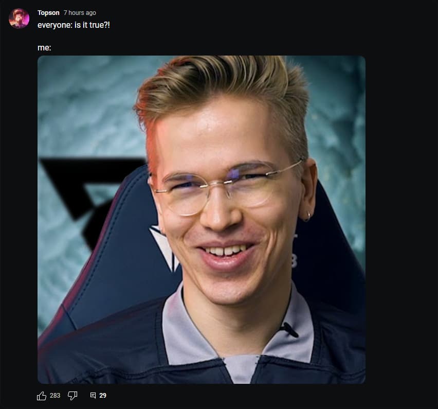 <a href="https://www.youtube.com/@TopsonOG/community" target="_blank" rel="noreferrer noopener nofollow">Topson's YouTube channel</a> memed about him joining Tundra Esports.