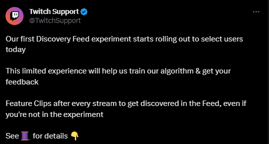 Twitch announced its first Discovery Feed experiment on Twitter (Image via Twitch Support on Twitter)