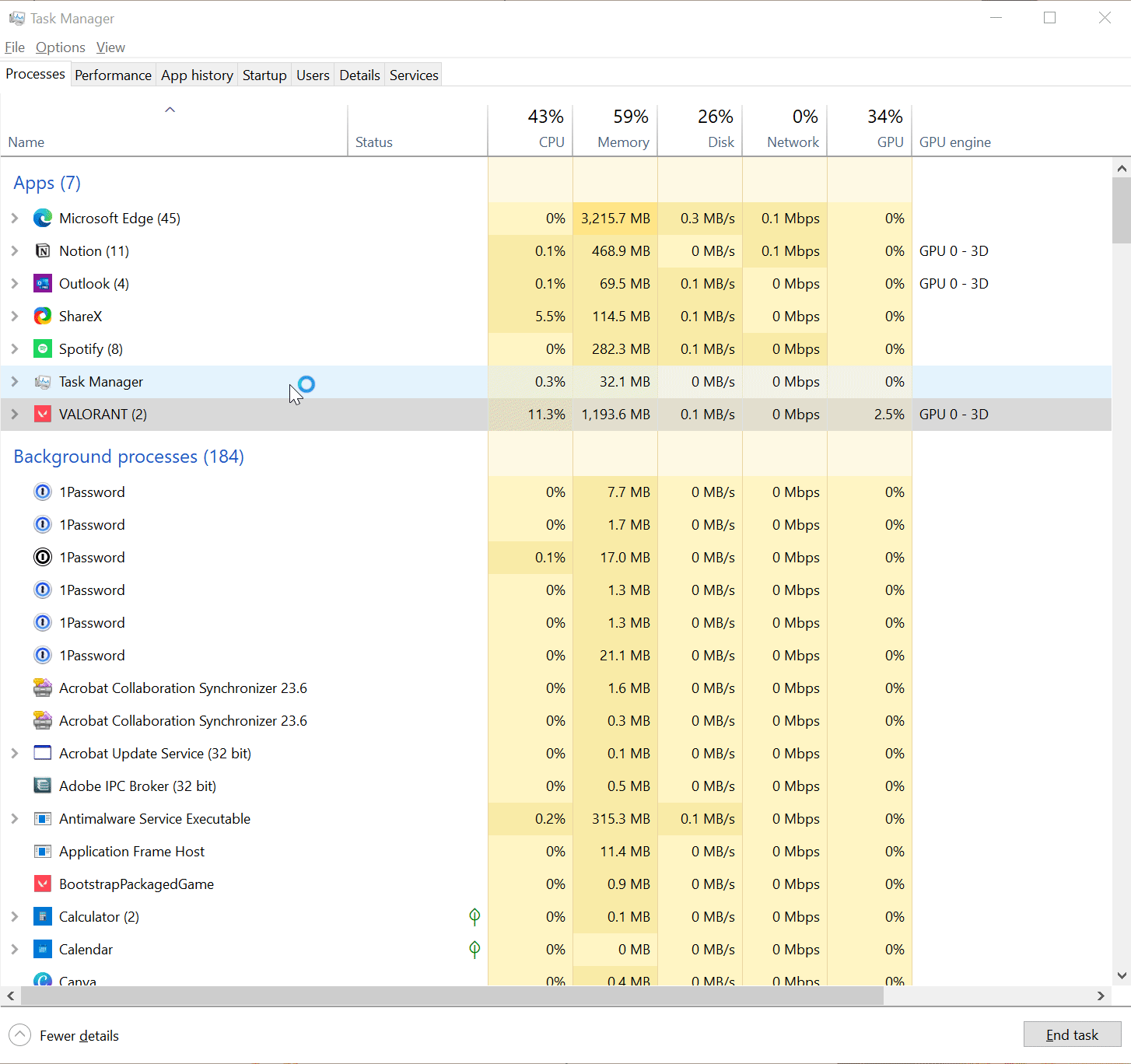 Click on End Task to close VALORANT. Image Credit: esports.gg
