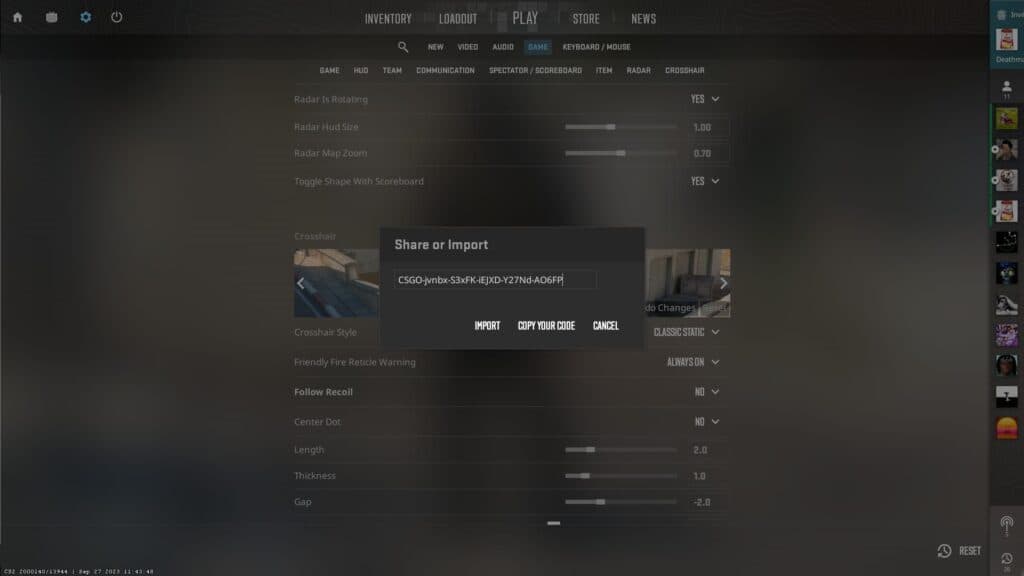 dev1ce's CS:GO crosshair imported to CS2 (Image via esports.gg)