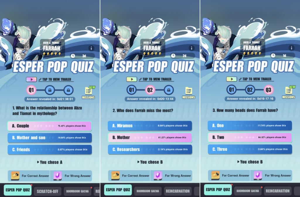 Dislyte Esper Pop Quiz Farrah quiz answers (Image via Lilith Games)
