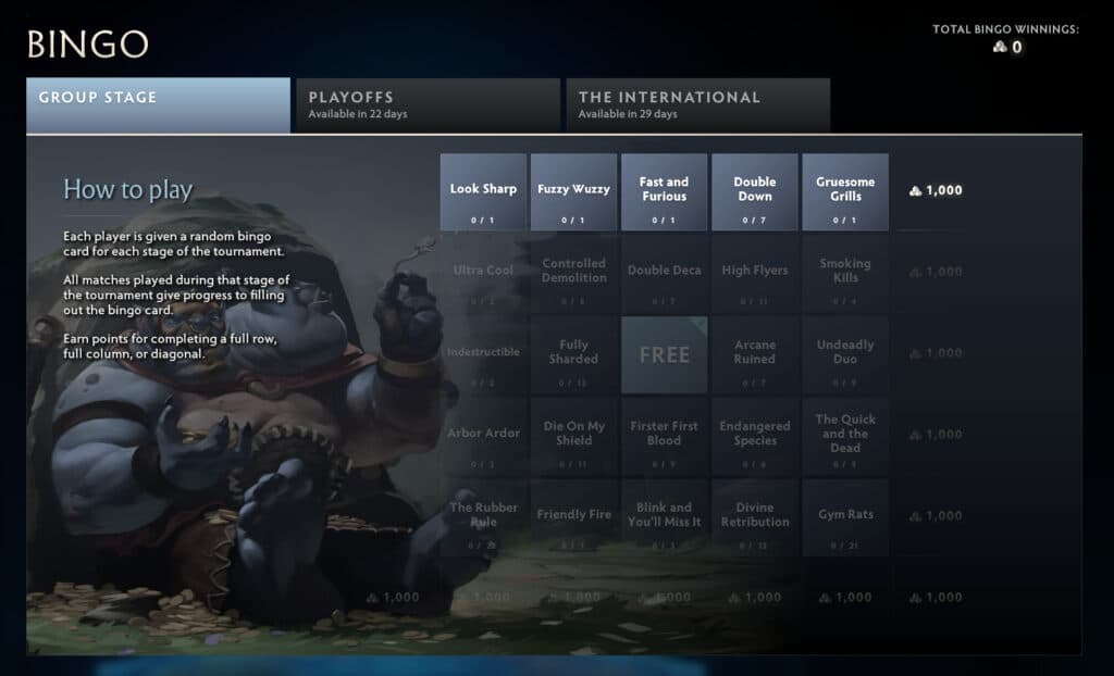 Each line (row, column, and diagonal) of missions completed will earn you 1,000 Compendium points.<br>(Screenshot from Dota 2)