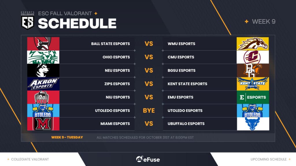 ESC VALORANT Week 9 Tuesday schedule (Image via eFuse)