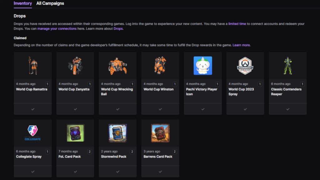 Inventory page for Twitch drops (Image via Twitch)