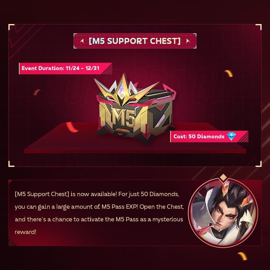 The chest gives a basic M5 Pass and the M5 Yu Zhong Epic Skin.<br>(Image via Moonton)