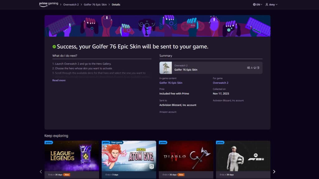 Claiming the Overwatch 2 Golfer: 76 skin (Image via Prime Gaming)