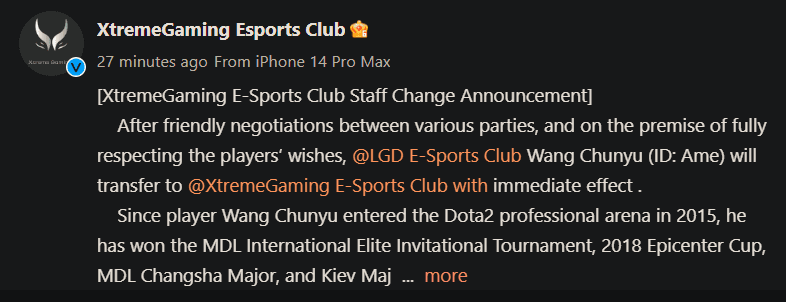 Xtreme Gaming announces Ame's arrival on <a href="https://weibo.com/7720945580">Weibo</a>. (Screenshot via esports.gg)