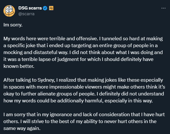 Scarra's apology (Image via Scarra on X)